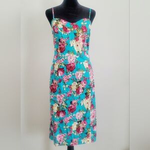 Floral Midi Slip Dress in Turquoise and Pink